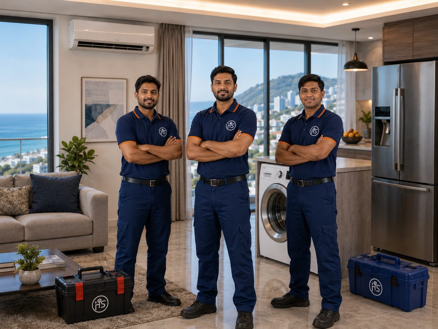 The Happy Home Service technician team standing in a customer's home in Srikakulam