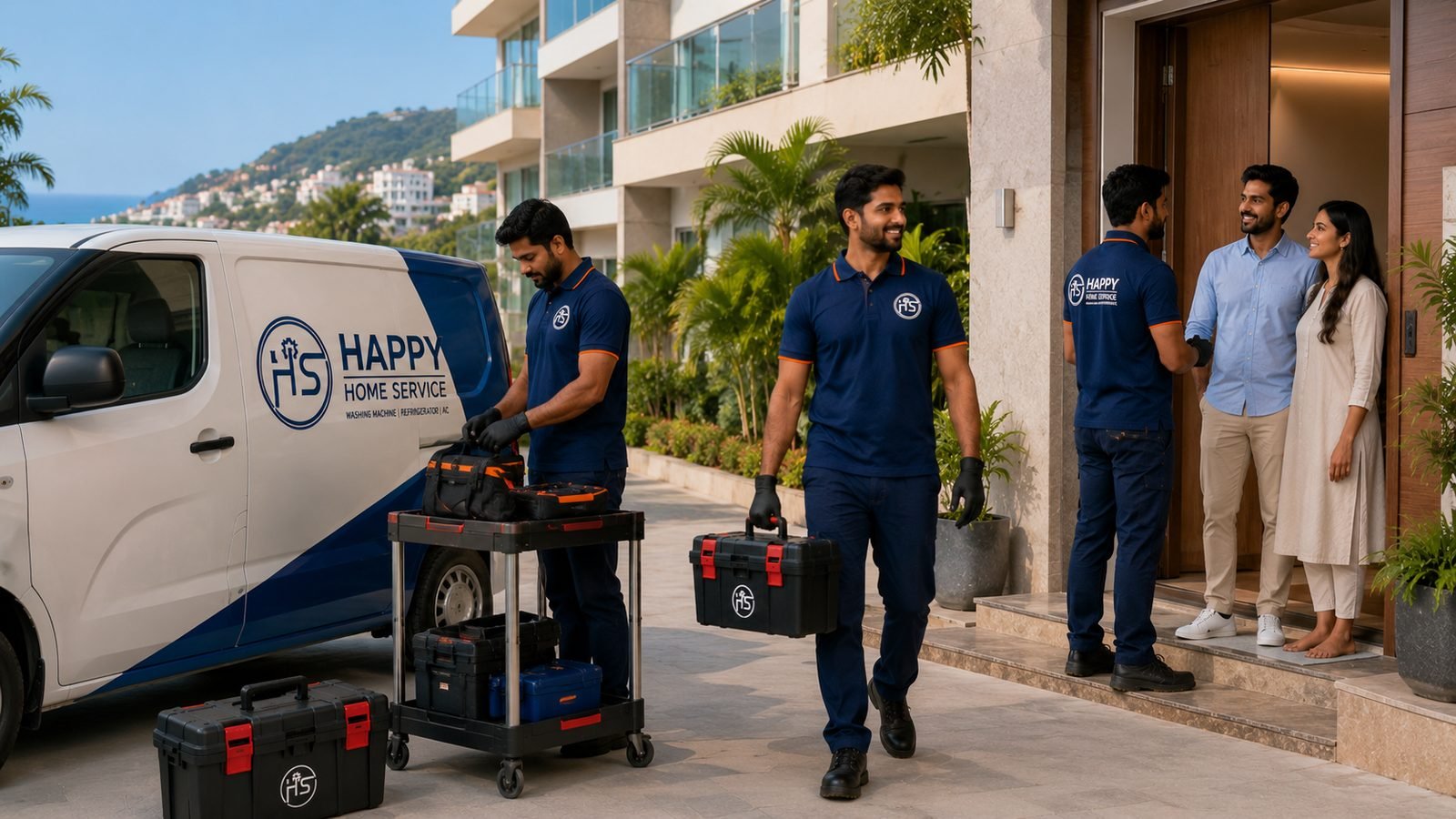 Happy Home Service technicians arriving with their toolboxes at a customer's home in Srikakulam