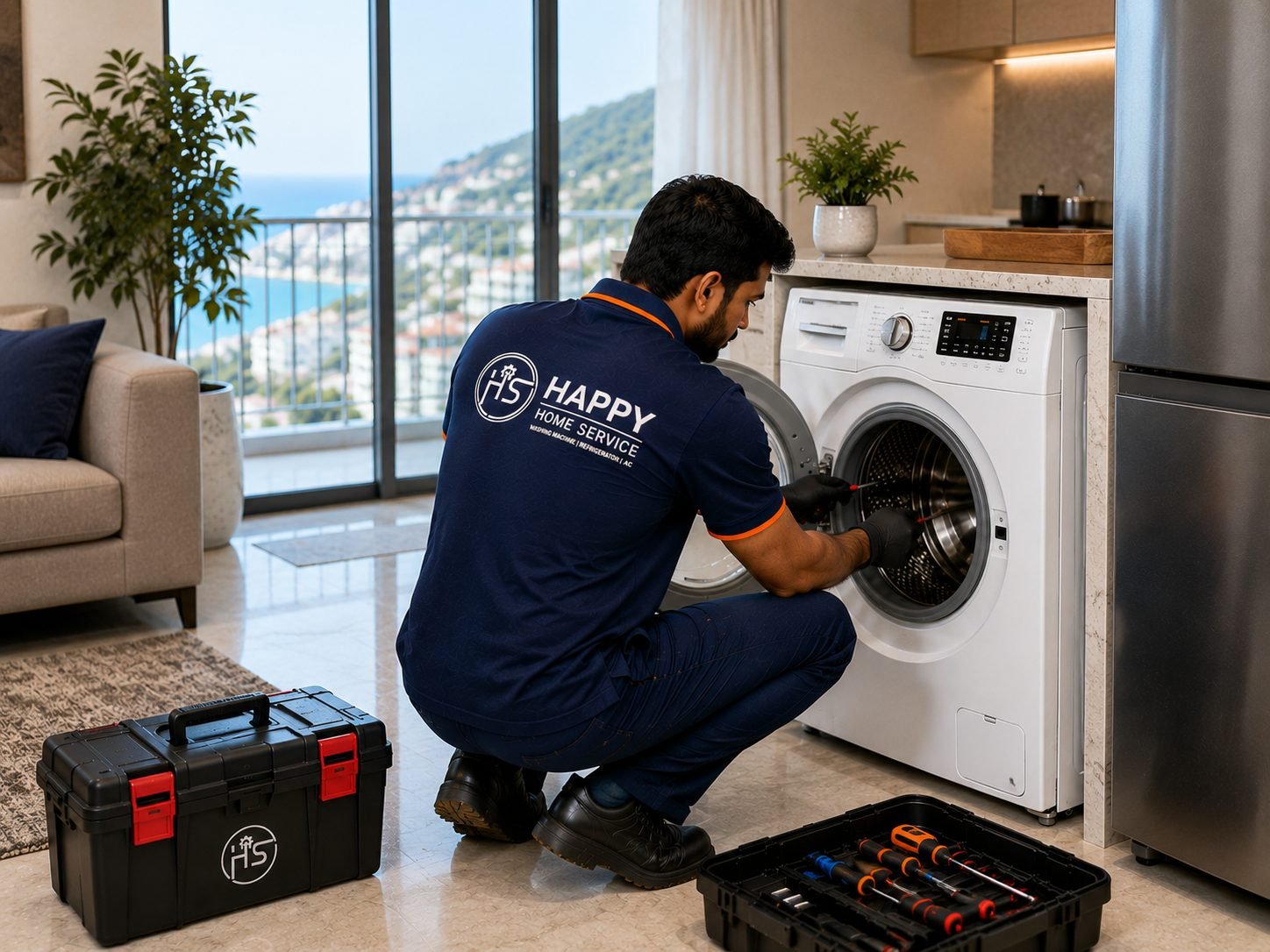 Happy Home Service technician repairing a washing machine at a customer's home in Srikakulam